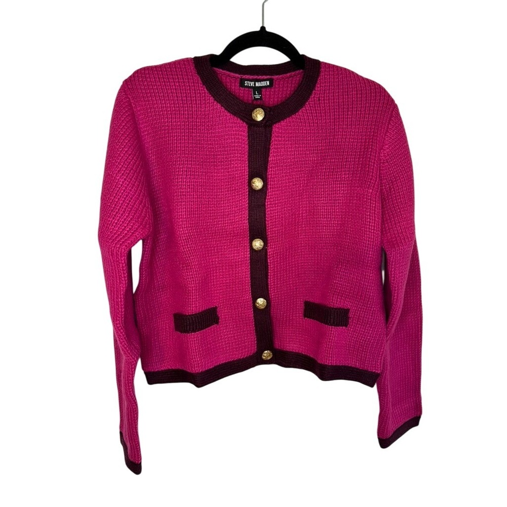 Steve Madden Fantino Sweater Jacket Cardigan Fuchsia Gold Button Large‎ NWT